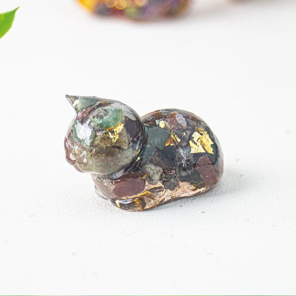 Crystal Chip Epoxy Lying Cat Figurine | Desk Decor & Gift