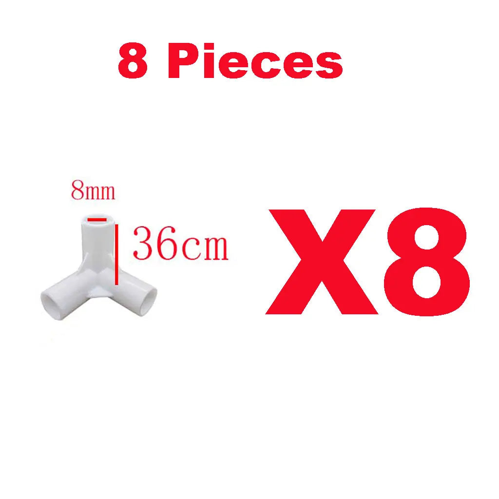 3 way White PVC Tent Feet Corner Center Connector Pipe PVC Straight Elbow Tee Connector Plastic Joint DIY Wardrobe Tent Fittings Oasis Select 8mm 8 pieces