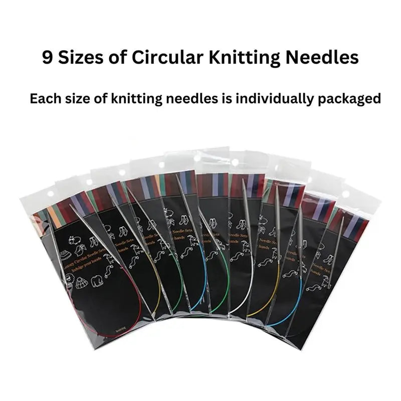 LIKE WISH 9Pcs Circular Knitting Needles Set, 40-Inch (100Cm) Stainless Steel Knitting Needles, 9 Sizes For Beginners, Knitters Oasis Select