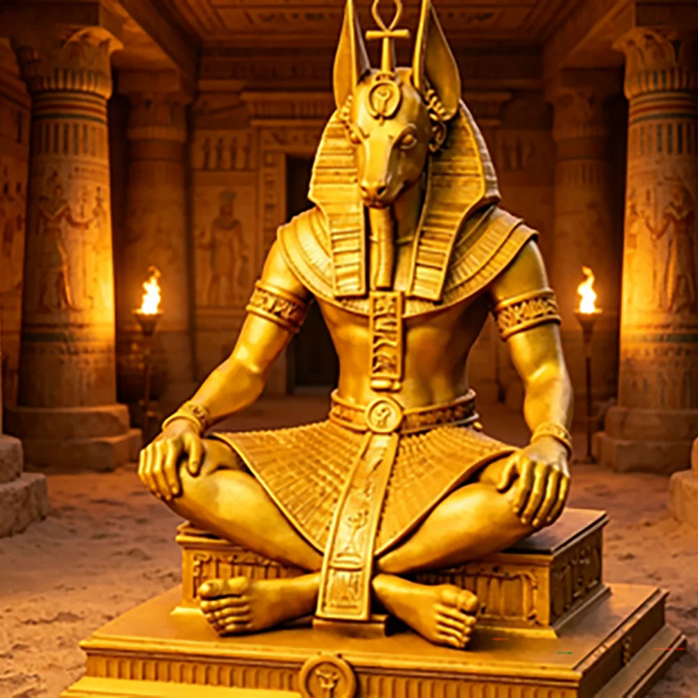 Gold Plated Anubis Guardian Sculpture Ancient Egyptian Jackal God Sitting Statue Spiritual Altar Tabletop Decor Collectible Oasis Select