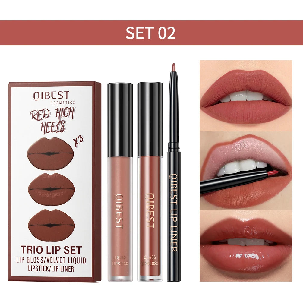 QIBEST 3-in-1 Matte Lipstick, Lip Liner & Gloss Set