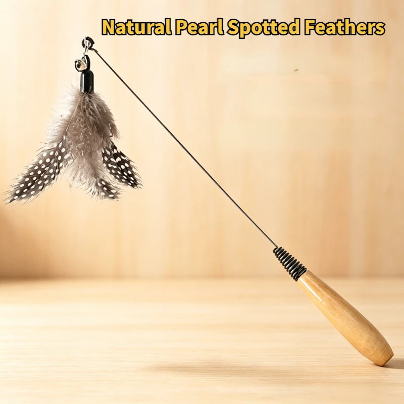 Spring Teasing Cat Stick Wooden Handle Cat Teaser Stick Toy Feather Funny Simulation Fishing Rod Bell Squeaky Cat Toy Oasis Select