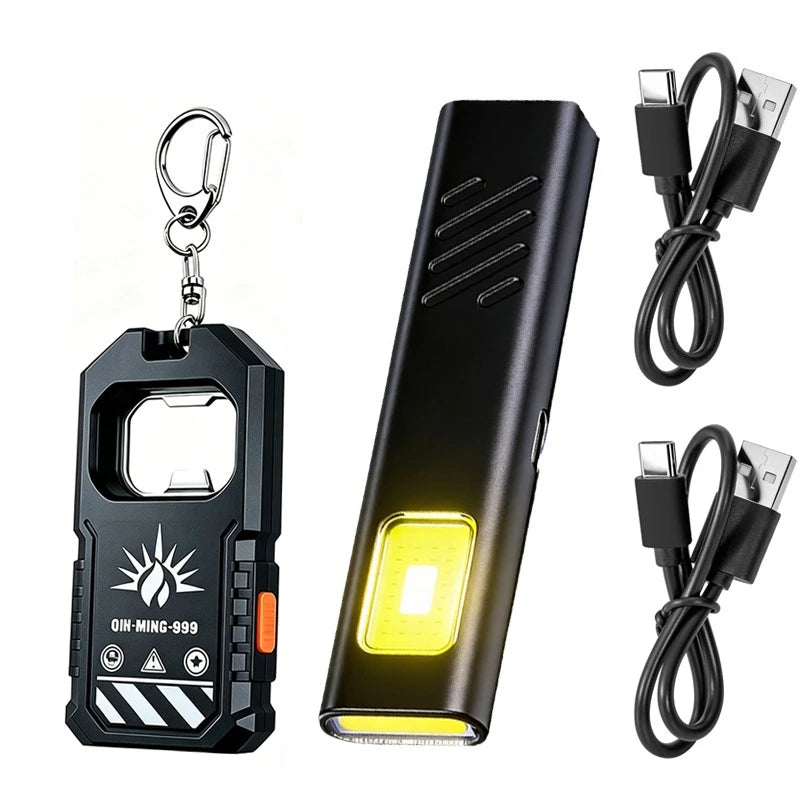 COB LED Keychain Flashlight USB-C Rechargeable + Bottle Opener