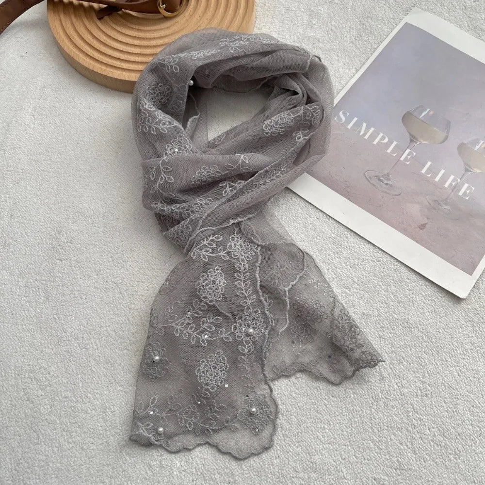 Retro Lace Long Scarf Embroidered Flower Small Flower Headscarf Tide Long Thin Neckerchief Spring and Summer Oasis Select Grey