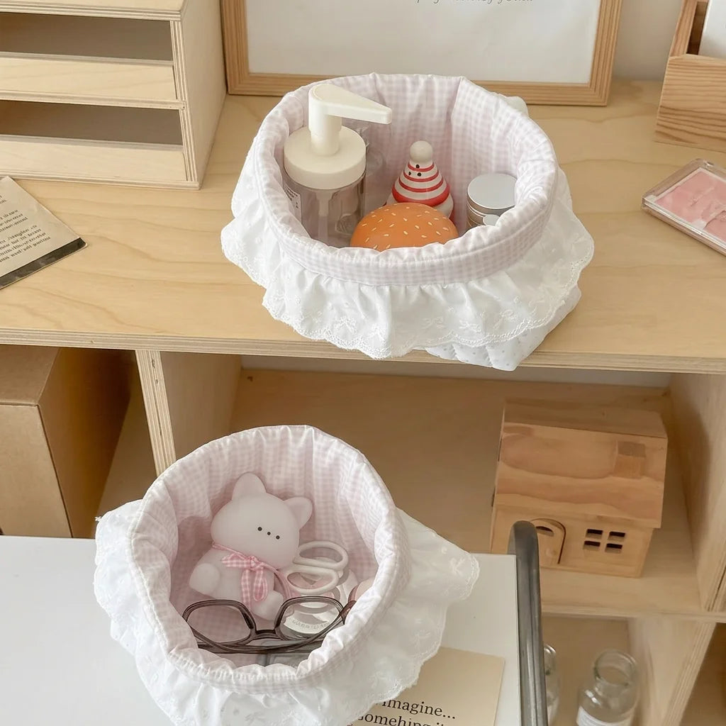 Cotton Fabric Storage Basket Polka Dot Lace Ruffle Cute Desktop Organizer for Sundries Snacks Home Storage Organization Oasis Select