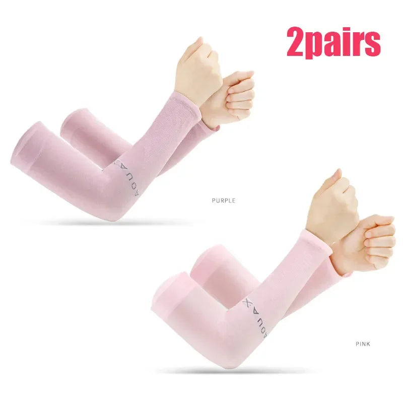 Summer Ice Silk Long Sleeves Anti-Sunburn Arm Cover Men Women Cuff New Cool Hand Sleeves Anti-UV Cycling Arm Sleeve Fingerless Oasis Select purple-pink A