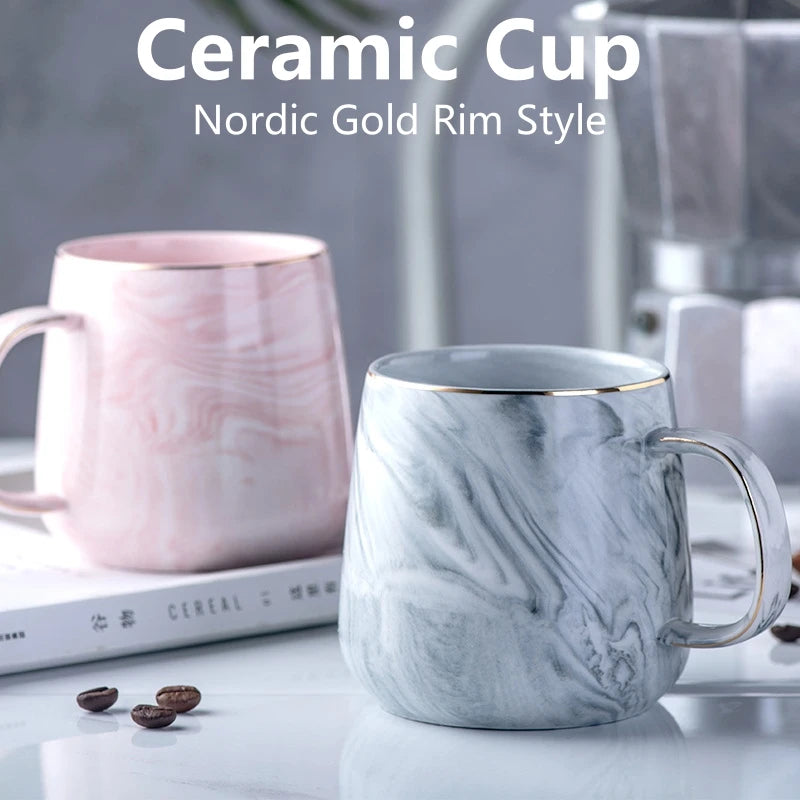 Ceramic Cup Nordic Gold Rim Coffee Oatmeal Breakfast Heat Insulation Cup Marble Pattern Solid Color Creative Personality Mug Oasis Select