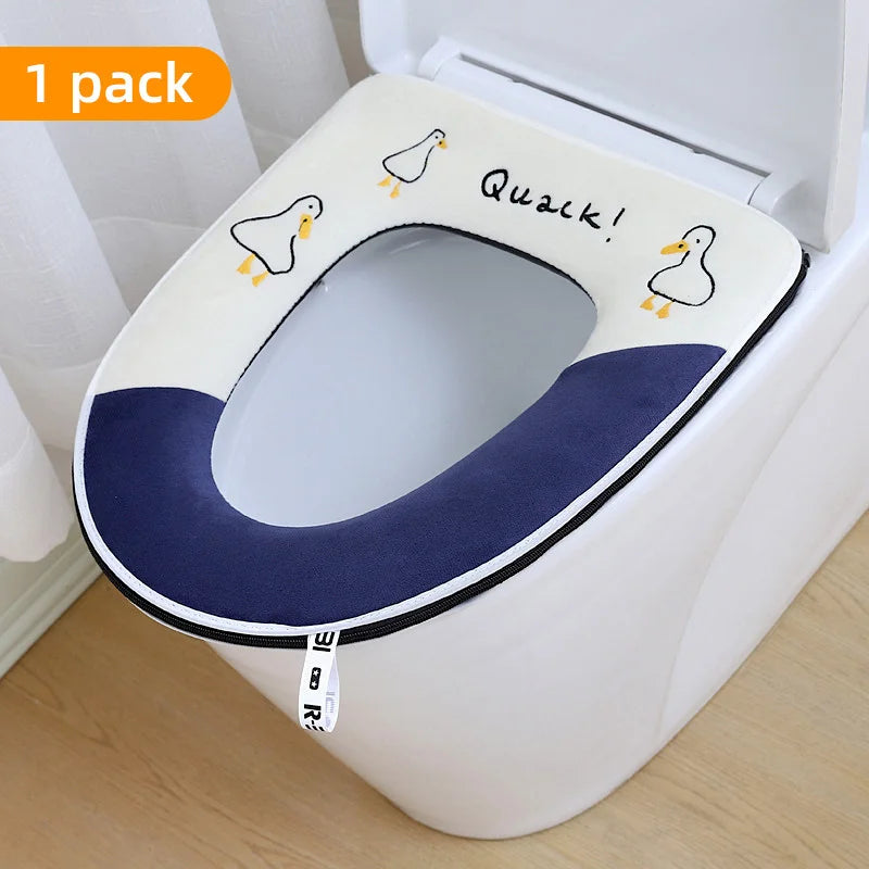 Cute Embroidery Toilet Seat Cover With Zipper Soft Warmer Washable Toilet Mat Cover Pad Cushion WC Ring Mat Bathroom Aceesories Oasis Select Blue