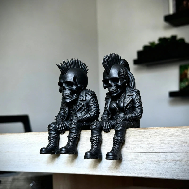 Rock Punk Skull Couple Figurine 3DPrinted Sitting Posture Edge Cool Skeleton Statue Gothic Desk Decor for Bookshelf Gaming Table Oasis Select