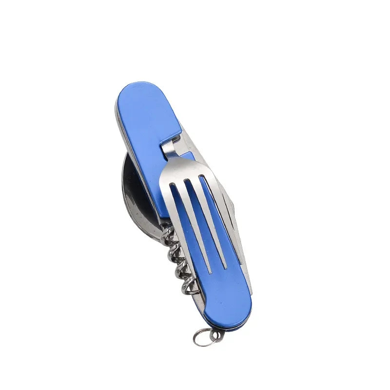 Foldable Spoon Knife Fork Bottle Tablespoon Set 4 in 1 Bottle Opener Stainless Steel Folding Pocket Kits Outdoor Camping Utensil Oasis Select Blue