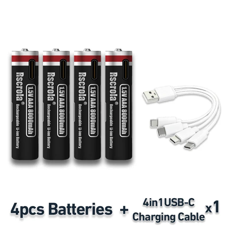2026 New 1.5V AAA Rechargeable Li-Ion Battery 8000mAh Type-C Fast Charging for Smart Home, Toys, Shavers, Mouse, Flashlights Oasis Select 4 PCS AAA Batteries 1.5V