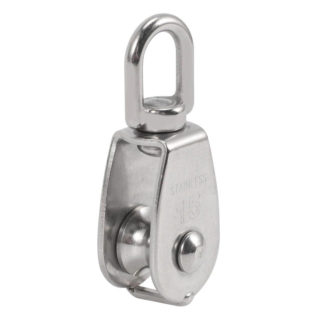 LIKE WISH 4PCS Single Pulley Block M15 Stainless Steel Small Pulley Roller For Rope Cord In Outdoor 360°Swivel Silver Pulley Oasis Select