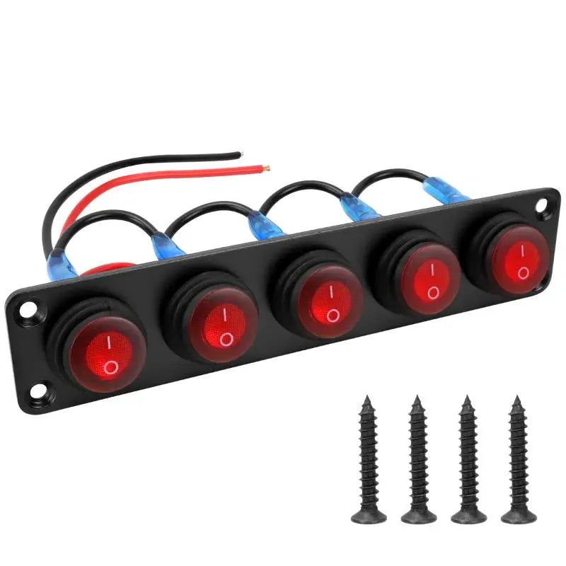 6.Vehicle 12V Waterproof Switch Panel: 1-6 Gang Rocker Toggle On-Off Switches with Red LED Light for Boat, Truck Oasis Select A5