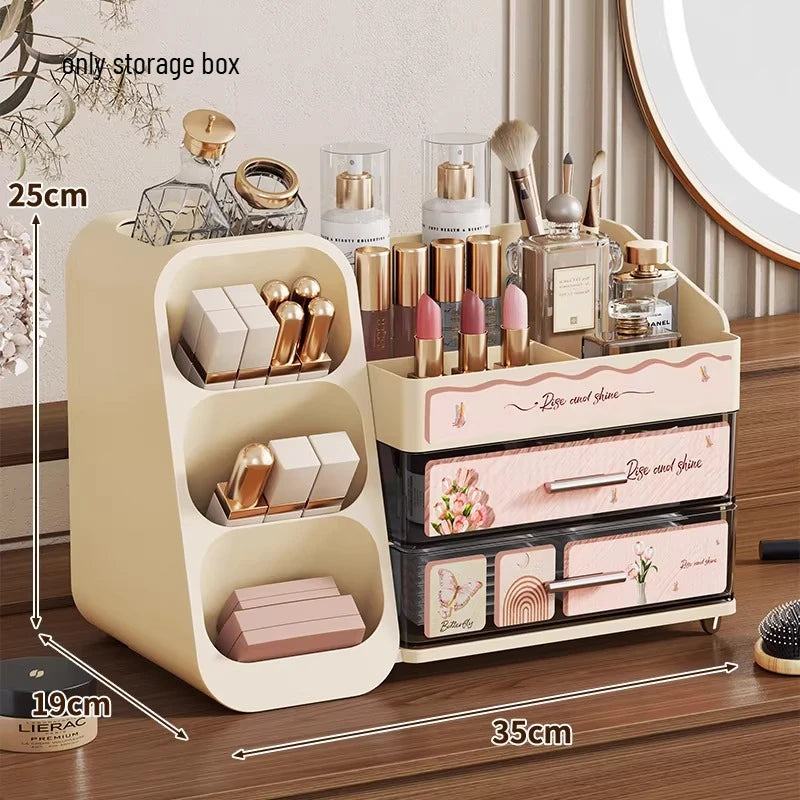 Dressing Table Storage Box Desktop Antique Style Cosmetics Dust-proof Drawer Style Organizing Box Lipstick Storage Rack Oasis Select pink