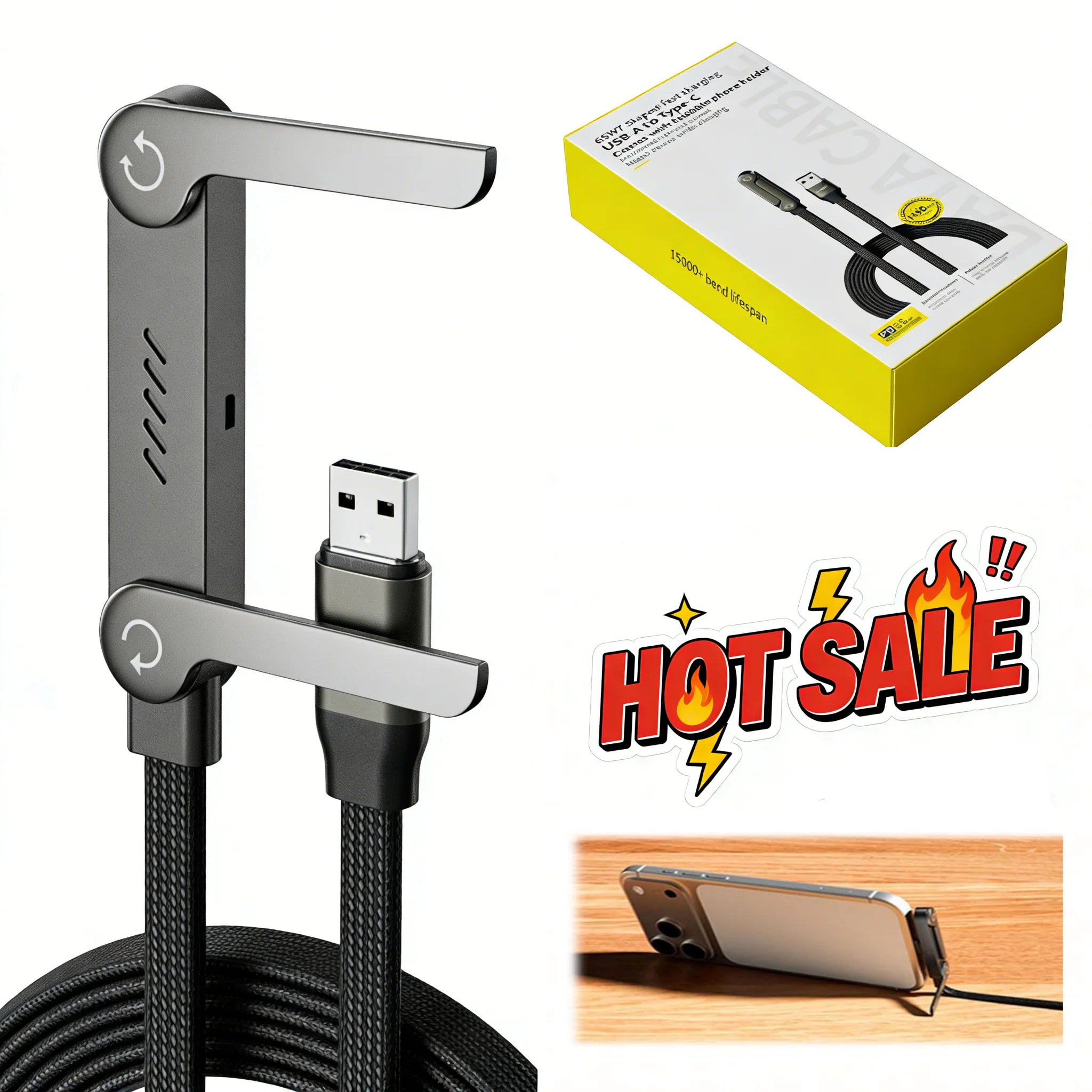 240W Fast Charging Cable with Phone Stand – 90° Elbow USB-C