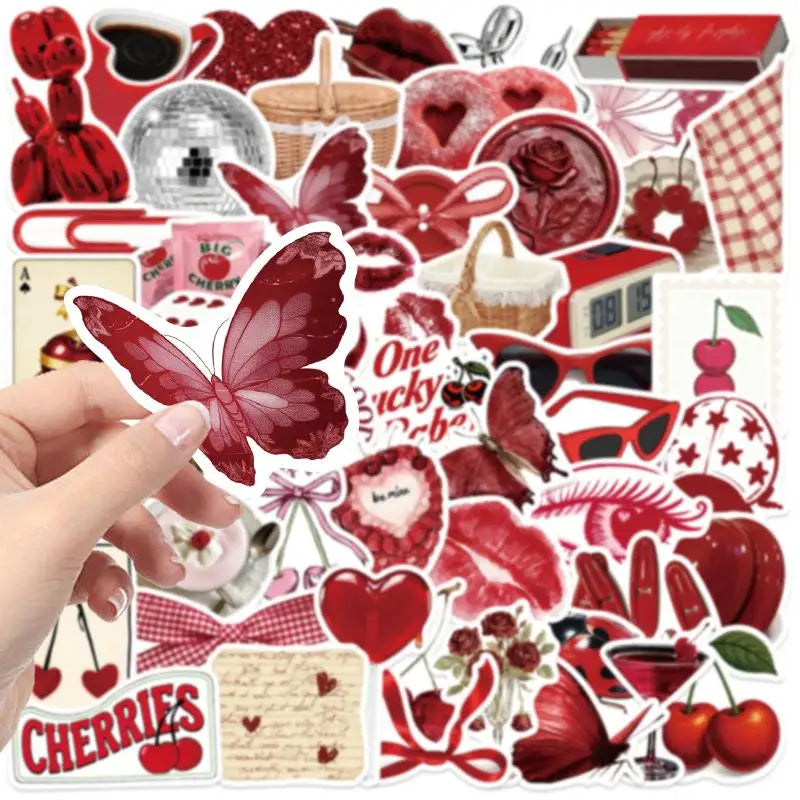 50PCS Y2K Aesthetic Cherry Stickers Laptop Guitar Suitcase Journal Phone Case Diary Notebook Doodle Decals Decor Gift Oasis Select