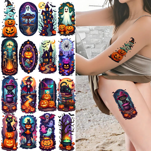 12-Pack Halloween Temporary Tattoos – Ghost, Moon & Pumpkin Temporary Tattoo Stickers Oasis Select