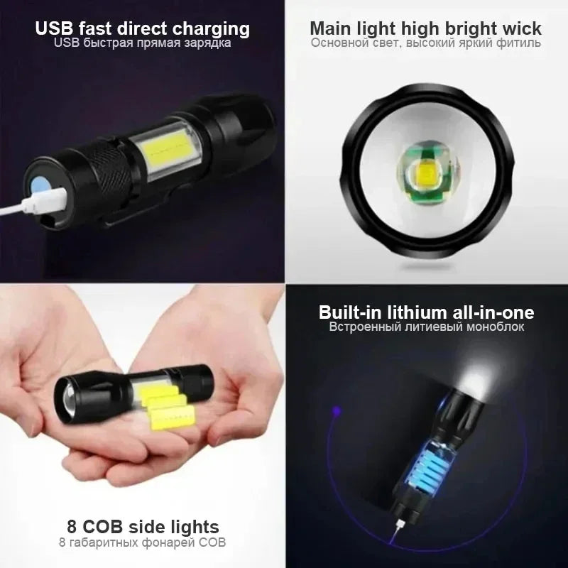 USB Rechargeable Mini Flashlight | COB+XPE Zoomable 3-Mode Torch