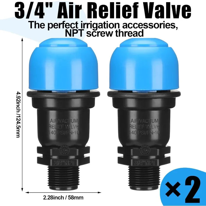 2PCS Kinetic Release Air Valve 3/4" BSP/NPT Male Thread Air Relief Vent Irrigation Water Saving for Agricultural Drip Systems Oasis Select 0.75 Inch NPT