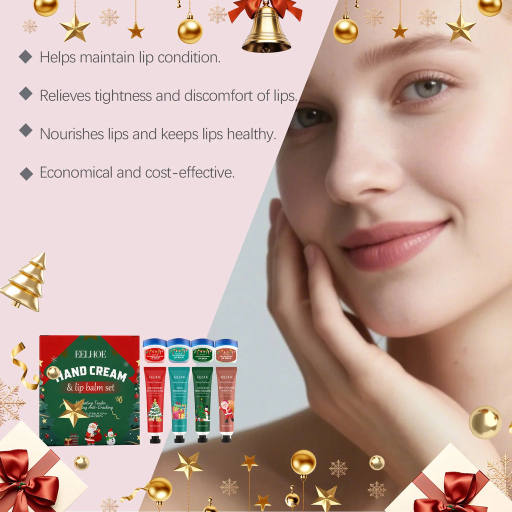 Christmas Hand Cream Lip Balm Set Gift Box Nourishing Moisturizing Anti-dry Cracked Softening Skin Festive Holiday Present Oasis Select