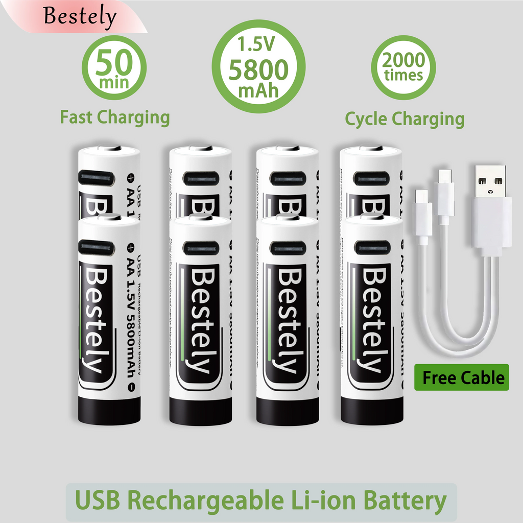 Bestely USB 1.5V AA 5800mAh Lithium ion Rechargeable Battery, AA Fast Charging Li-ion Akku , 2000 Cycle with USB- C Port Cables Oasis Select