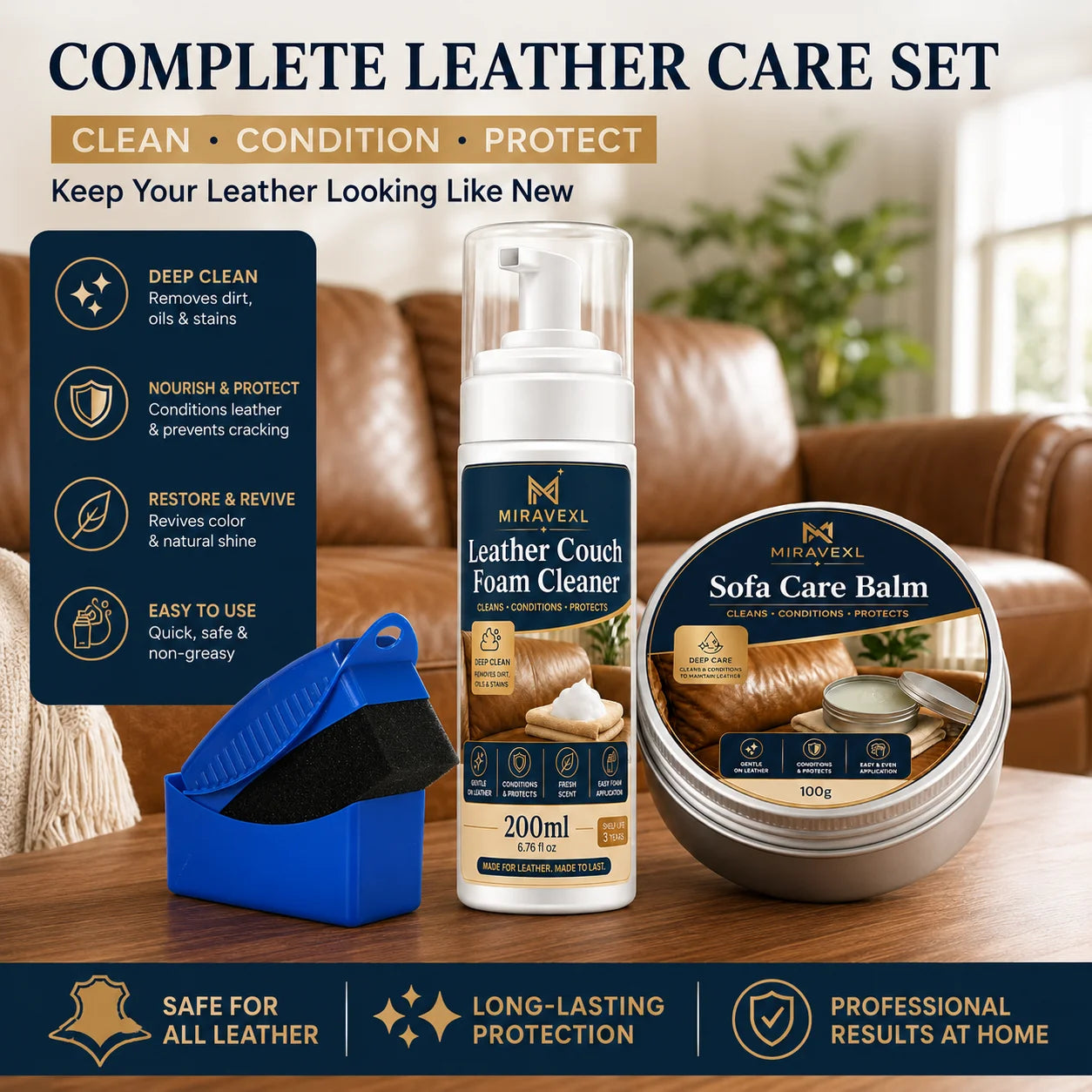 MIRAVEXL Leather Couch Foam Cleaner & Sofa Care Balm Kit with Sponge, Deep Clean,Condition and Protect Leather Seats for Home 2 Oasis Select