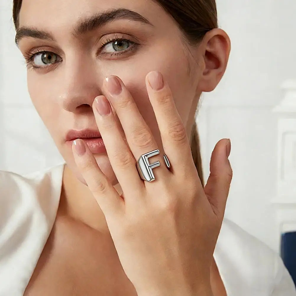 A-Z Initial Letter Ring – Adjustable Silver Open Ring for Women