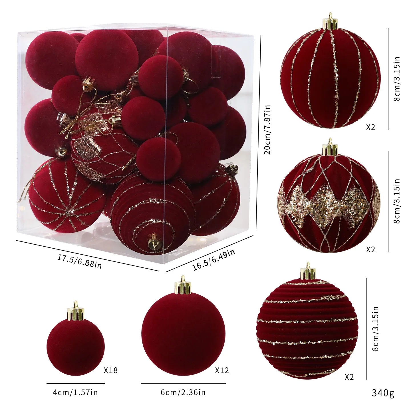 36-Piece Burgundy Velvet Christmas Ball Ornaments Set
