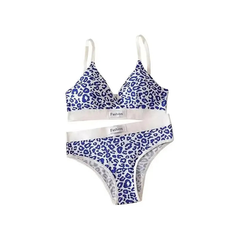 1-4pcs Summer Set New Women's Leopard Print Traceless and Steel Rim Bra Adjustable Shoulder Strap Back Women's Underwear Set Oasis Select Blue 1 set One Size
