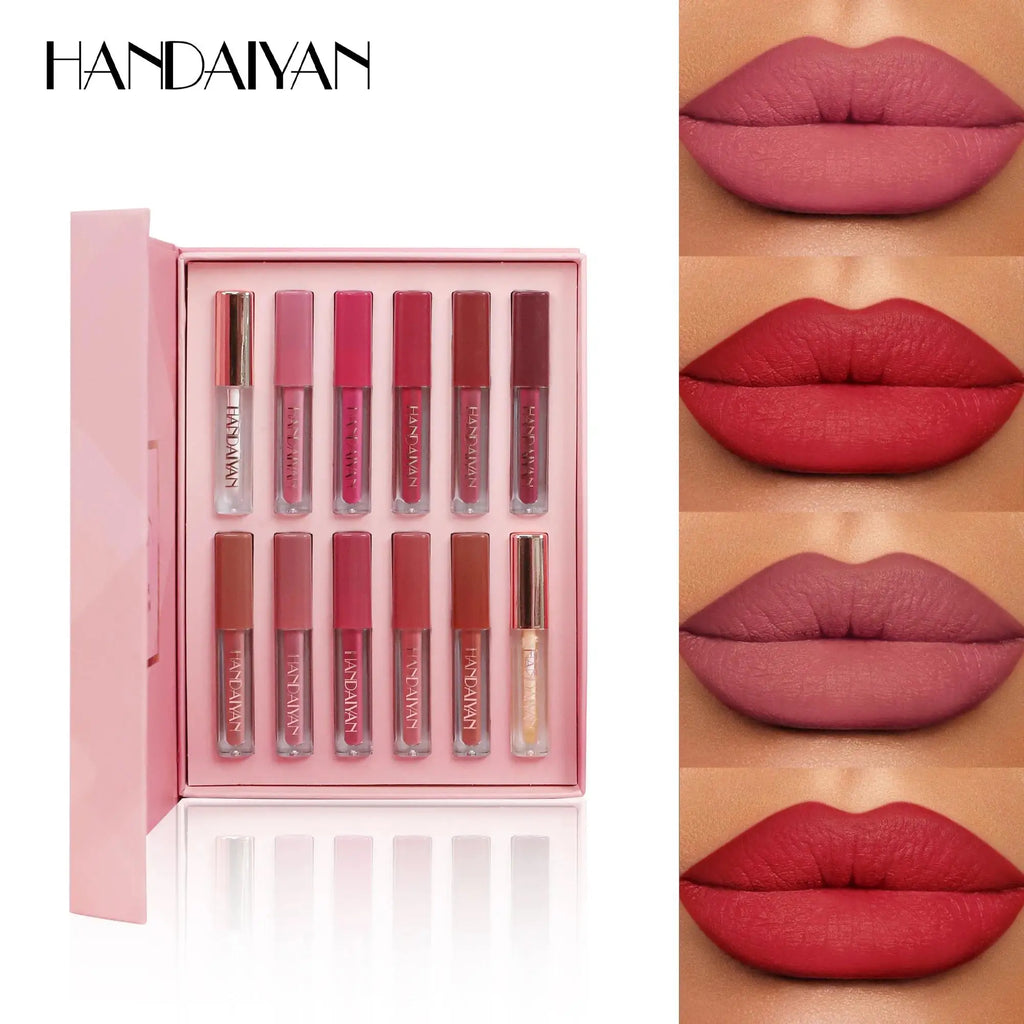 Handaiyan 12-Shade Velvet Matte Lip Gloss Set – Waterproof