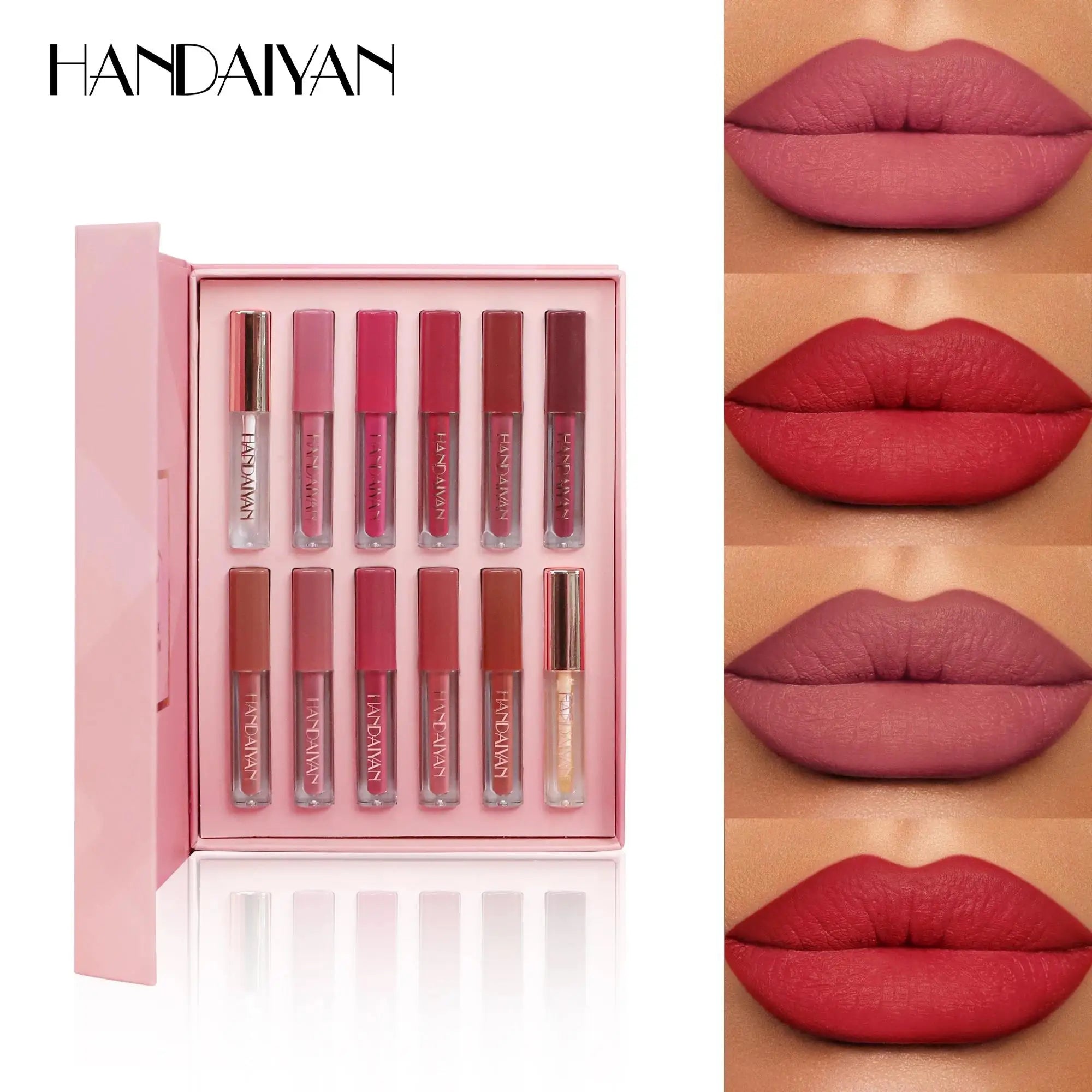 Handaiyan 12-Shade Velvet Matte Lip Gloss Set – Waterproof