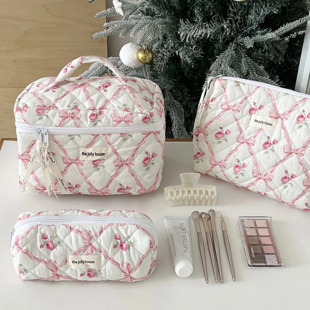 Bow Flower Quilted Makeup Bag – Zipper Cosmetic Organizer