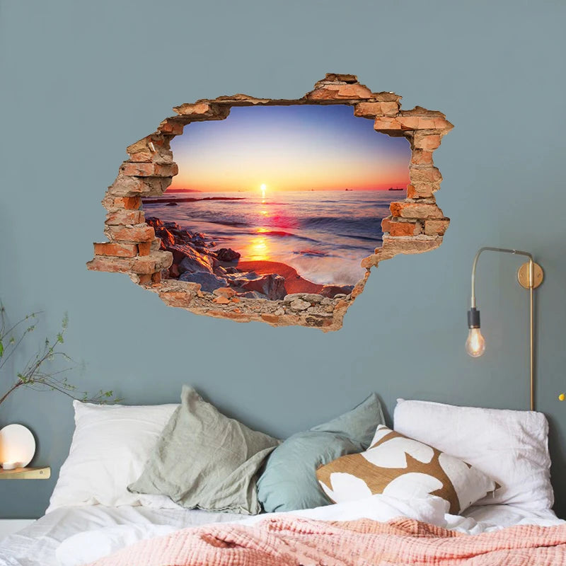 3D wall stickers simulation broken wall through wall false Windows living room children's room bedroom background space stickers Oasis Select