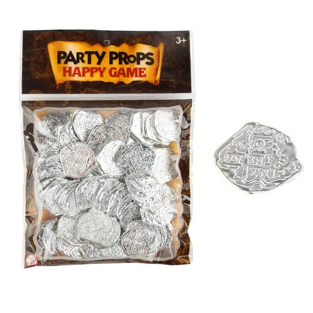 100Pcs Creative Bronze Roman Pirate Gold Coin Halloween Pirate Treasure Coins Plastic Game Currency Toys Party Supplies Oasis Select silver