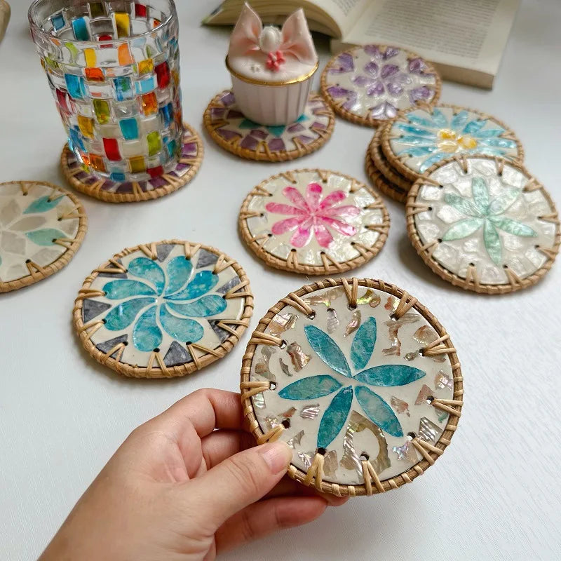 Handmade Seashell Art Coaster Seashell Coaster Handcrafted Seashell Flower Pattern Table Coasters Artistic for Home for Tables Oasis Select