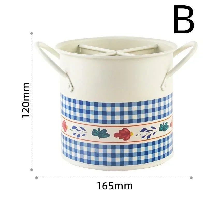 Retro Tableware Storage Bucket Draining Rack with Divider Kitchen Knife and Fork Storage Box Home Decoration for Kitchen Tools Oasis Select B