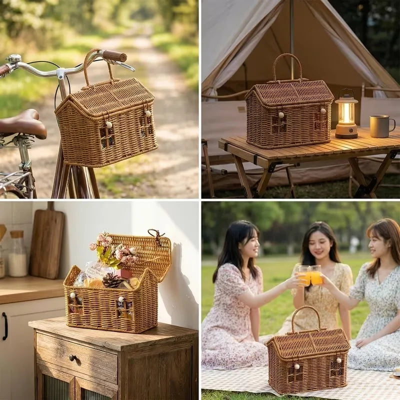 1pc Handwoven PE Rattan Picnic Basket, Durable Fruit Bread Snack Tote Bag, Portable Woven Storage Basket for Grocery Shopping Oasis Select