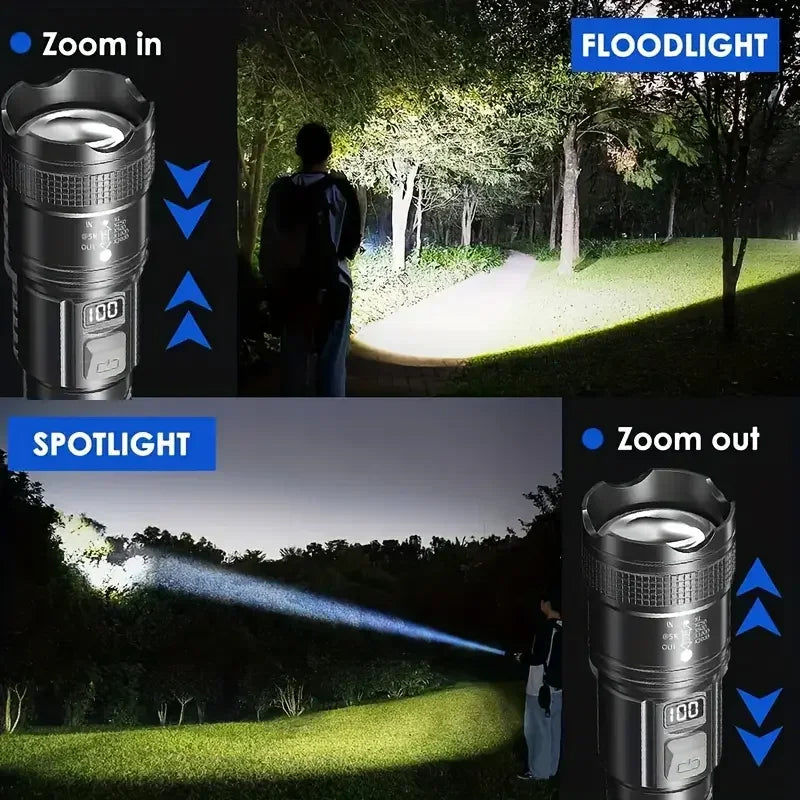Super Bright LED Flashlight with Battery Display Rechargeable Light Telescopic Zoom Torch Lamp Outdoor Camping Fishing Lantern Oasis Select