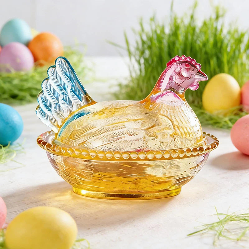 SXH Hen Glass Dish Crystal Glasses Candy Dish With Lid Hen-Shaped Chicken Fruit Bowl Dessert Snacks Plate Retro Bowl Jar Oasis Select