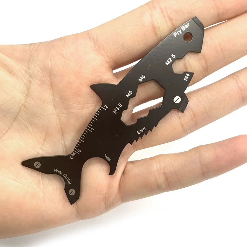 Shark Shaped Bottle Opener 15 in 1 Wallet Tool Card Stainless Outdoor Pocket Screwdriver Survival Tool Multi-function Keychain Oasis Select