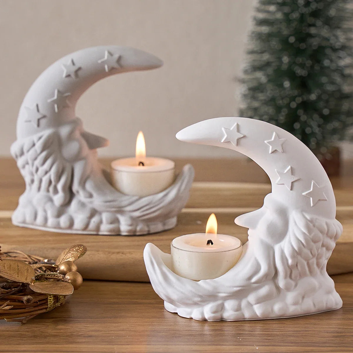 Santa Claus Moon Candlestick Silicone Molds DIY Christmas Decor Ornament Plaster Concrete Mould Scented Candle Holder Resin Mold Oasis Select