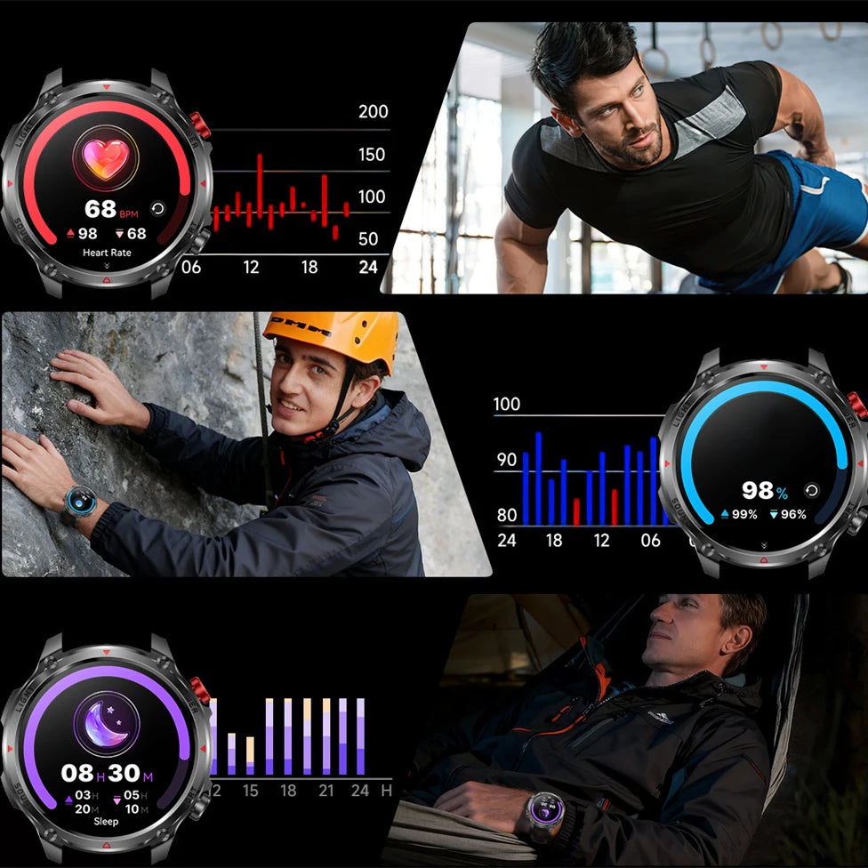 Smart Watches Waterproof Men BT Call Compass LED Flashlight Outdoor Smartwatch Health 100+ Sports Fitness 1100mAh Large Battery Oasis Select