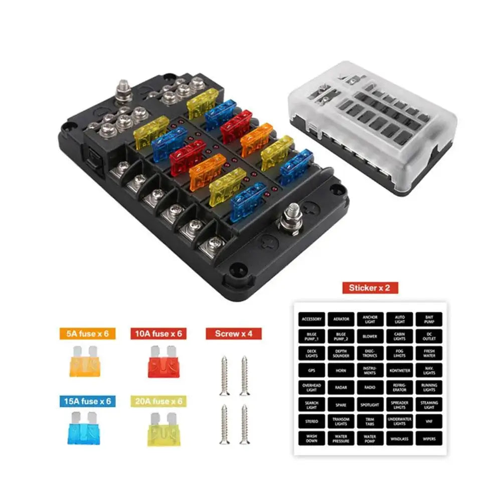 2025 NEW 6/12 Ways Fuse Box LED Warning Indicator 12V 32V Power Distribution Panel Car Boat Fuse Box Holder With Plastic Cover Oasis Select