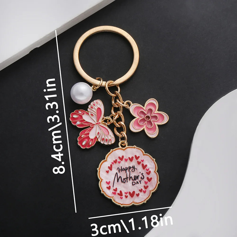 Drop Oil Pink Butterfly Flowers Pearl MOTHER'S DAY Keychain Accessory Pendant Mother's Holiday Gift Key Chains for Women Oasis Select B 8.4x3cm