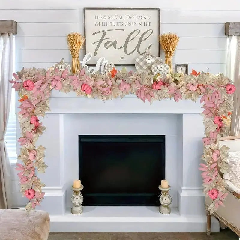 Fall Maple Leaves Garland Hanging Artificial Autumn Garland with Pink Pumpkins Flowers Berries For Halloween Thanksgiving Decor Oasis Select