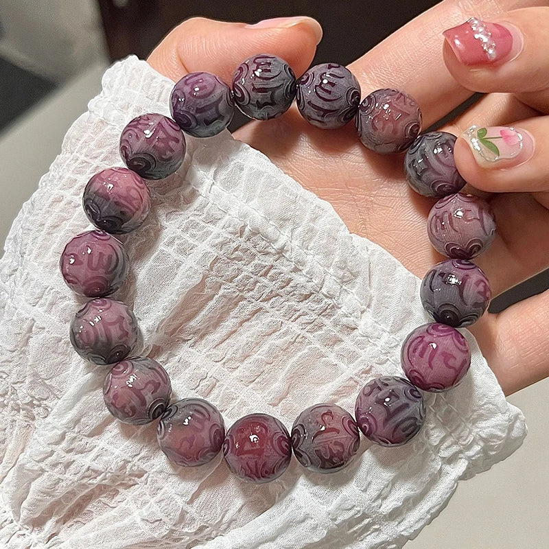 Natural Purple Bodhi Root Beaded Bracelet Buddhist Beads Rosary Beads Carved Lucky Jewelry Oasis Select A1