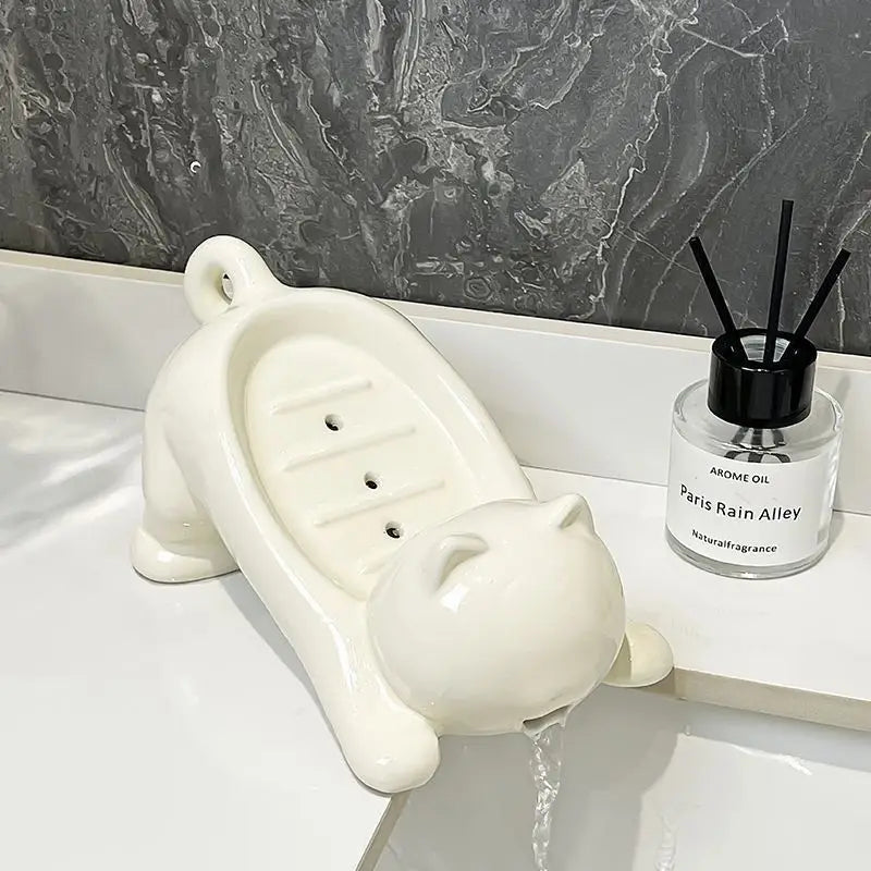 Cute Cat Drain Soap Holder Container Smooth Plastic Toilet Soap Dish Case Tray Bathroom Accessories Washroom Tools Home Decor Oasis Select