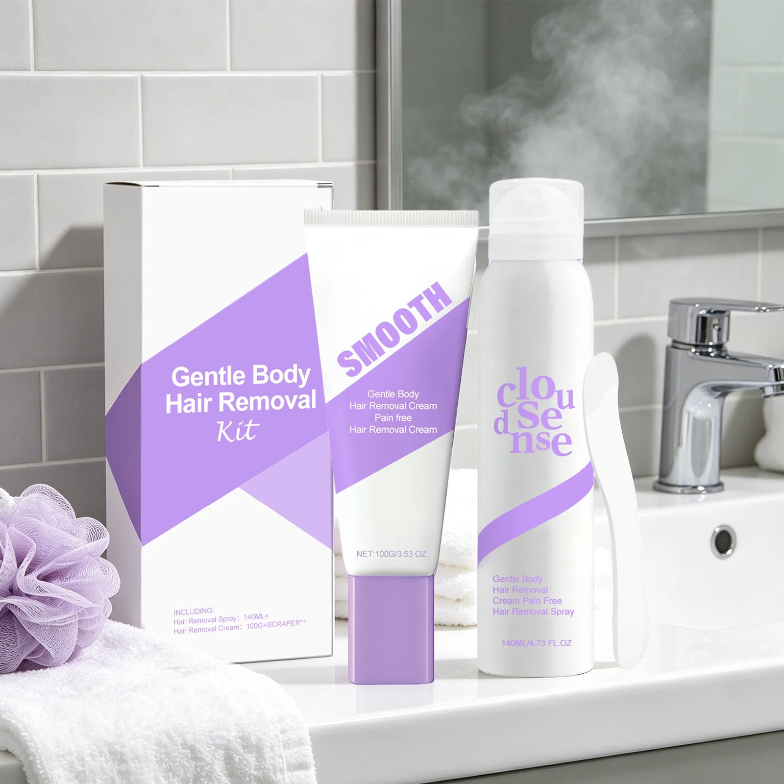 Body Hair Removal Kit, 140ml Spray + 100g Cream with Scraper Painless Hair Remover for Arms, Legs, Underarms Area No Irritation Oasis Select