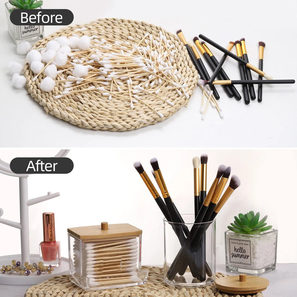 2pcs Bathroom Container with Wood Lids, 10 OZ, 7 OZ Cotton Ball/Swabs Dispenser, Apothecary Organizer Jar for Storage Oasis Select