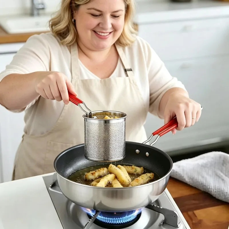 Kitchen Deep Frying Pan with Strainer Stainless Steel Tempura Fryer Versatile Cookware for Home Fried Food Preparation Oasis Select